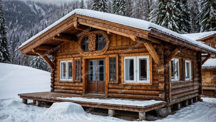 Cozy Wooden Chalet with Snow-Covered Roof and Intricate Carvings