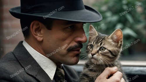 Dapper Man in Vintage Suit Holding a Stray Kitten