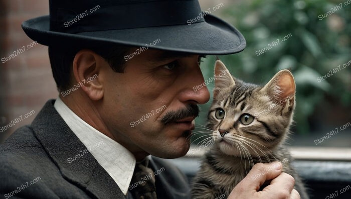 Dapper Man in Vintage Suit Holding a Stray Kitten