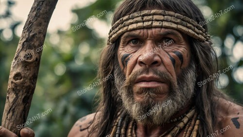 Determined Caveman Holding Staff with Tribal Headband