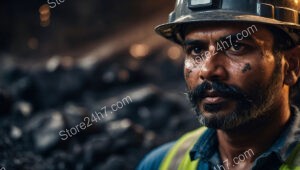 Determined Coal Miner Covered in Soot and Dust