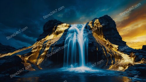 Dramatic Waterfall Illuminated with Golden and Blue Hues