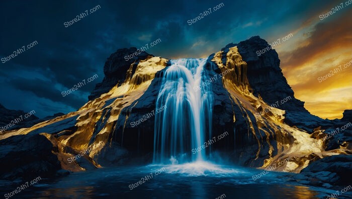 Dramatic Waterfall Illuminated with Golden and Blue Hues