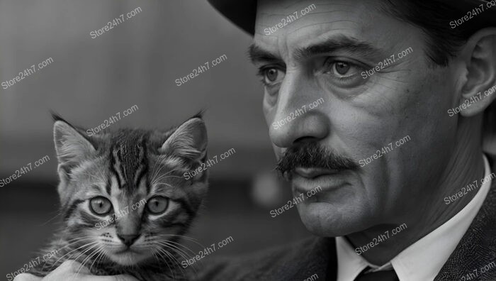 Early 20th Century Man in Suit Holding Kitten