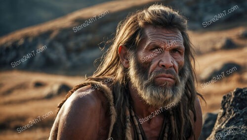 Elder Caveman Observing the Barren Stone Age Landscape