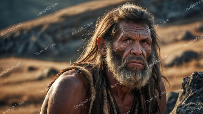 Elder Caveman Observing the Barren Stone Age Landscape