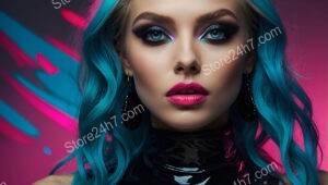 Electric Blue Beauty: Bold Makeup and Neon Pink Accents