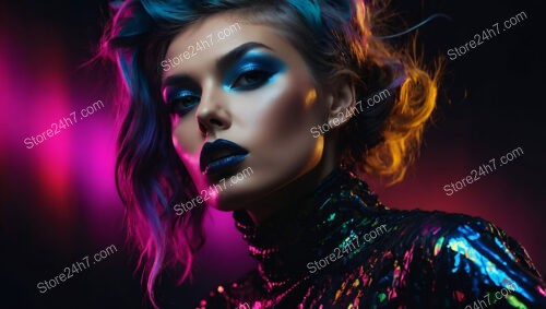 Electric Blue Hair with Bold Makeup and Neon Background