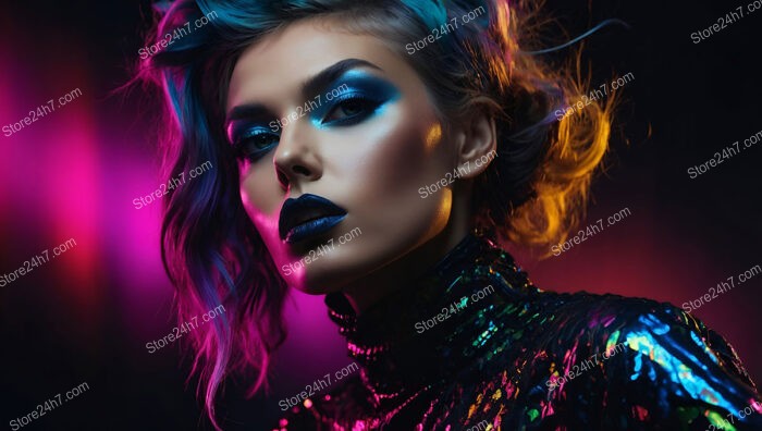 Electric Blue Hair with Bold Makeup and Neon Background