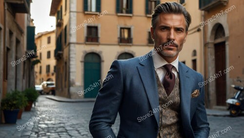 Elegance Defined: Man in a Blue Suit with Paisley Vest