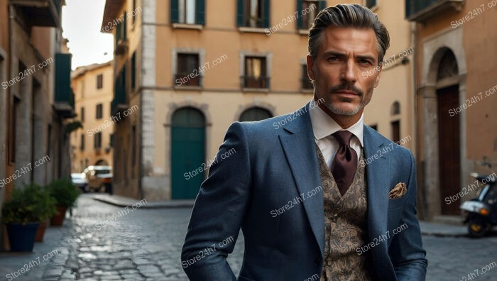 Elegance Defined: Man in a Blue Suit with Paisley Vest