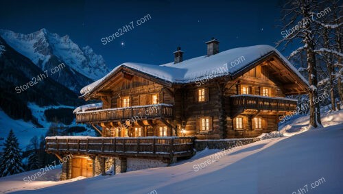 Elegant Alpine Chalet at Night with Starry Sky