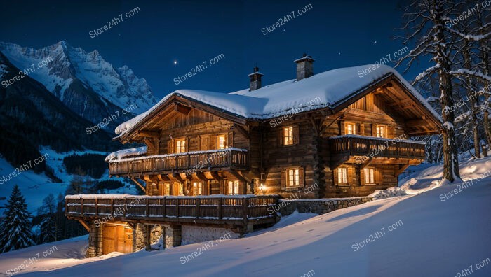 Elegant Alpine Chalet at Night with Starry Sky