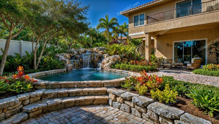 Elegant Backyard Pool with Natural Stone Waterfall Feature