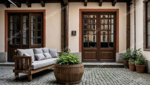 Elegant Bavarian Courtyard with Wooden Doors and Cozy Seating