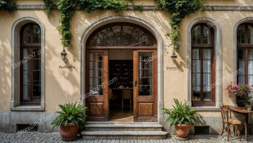 Elegant Bavarian Entrance with Arched Windows and Wooden Doors