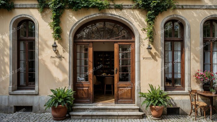 Elegant Bavarian Entrance with Arched Windows and Wooden Doors