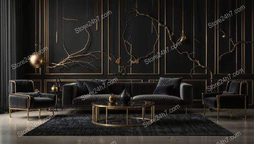 Elegant Black and Gold Living Room with Artistic Flair