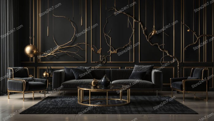 Elegant Black and Gold Living Room with Artistic Flair