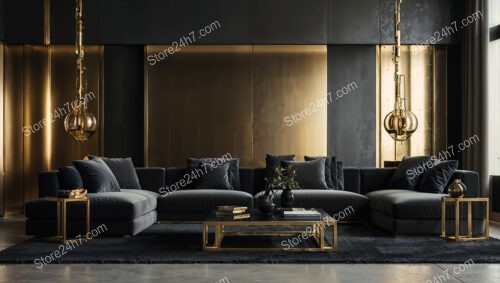 Elegant Black and Gold Living Room with Dramatic Lighting