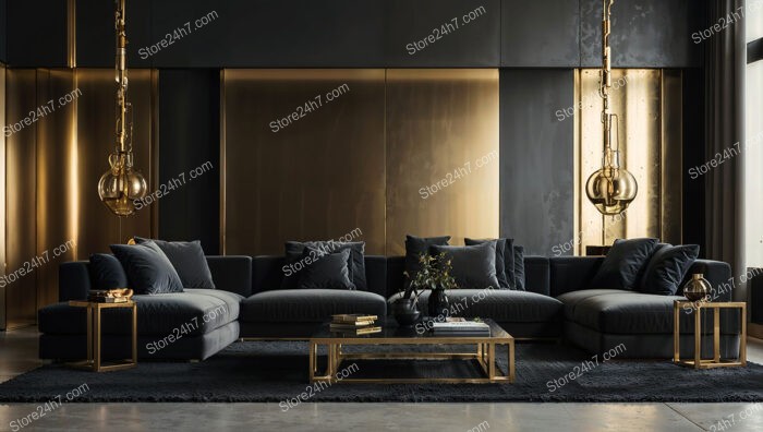 Elegant Black and Gold Living Room with Dramatic Lighting