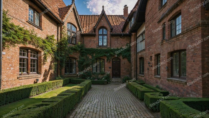 Elegant Brick Gothic House with Ivy-Covered Facade