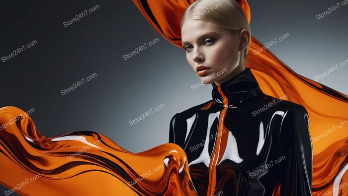 Elegant Contrast: Glossy Black Latex with Orange Highlights