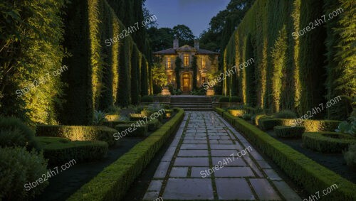 Elegant Estate Garden with Dramatic Lighting and Pathway