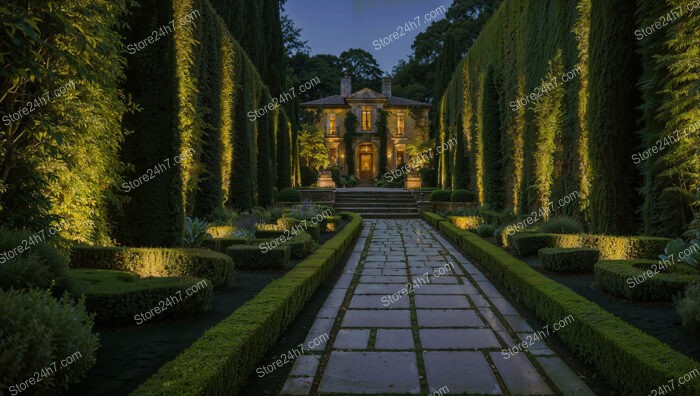 Elegant Estate Garden with Dramatic Lighting and Pathway