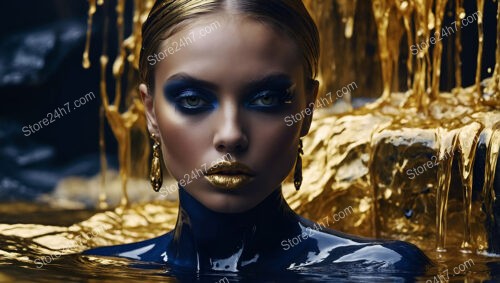 Elegant Fashion Model with Golden Makeup and Blue Skin