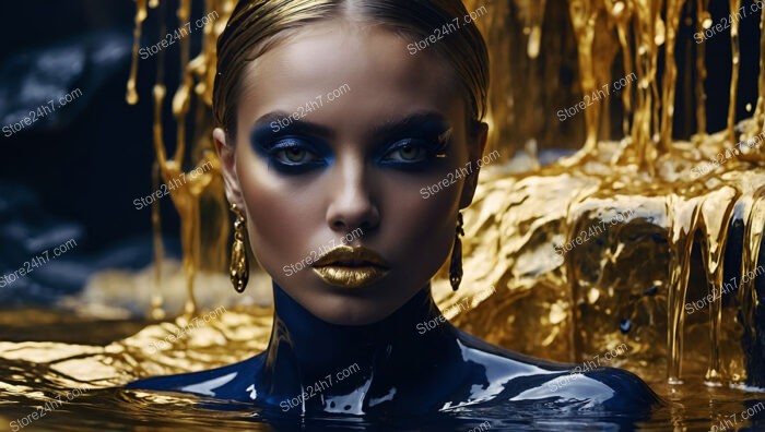 Elegant Fashion Model with Golden Makeup and Blue Skin