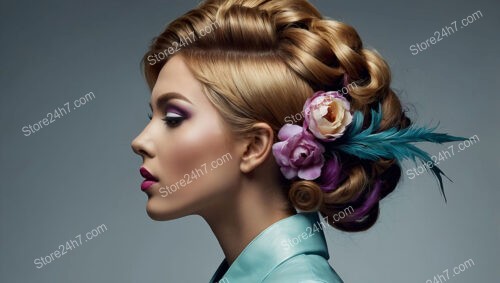 Elegant Floral Updo with Vibrant Colors and Feathers