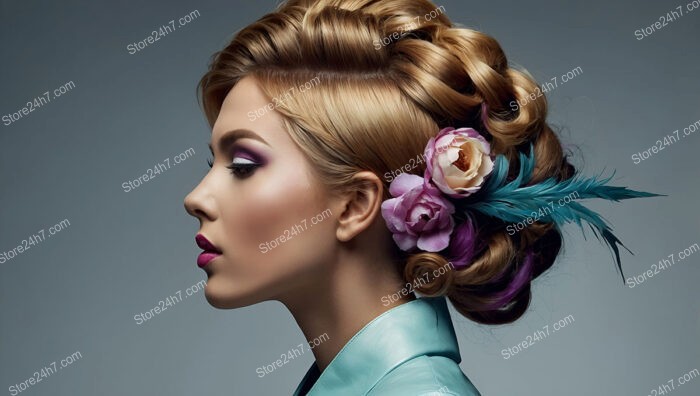 Elegant Floral Updo with Vibrant Colors and Feathers