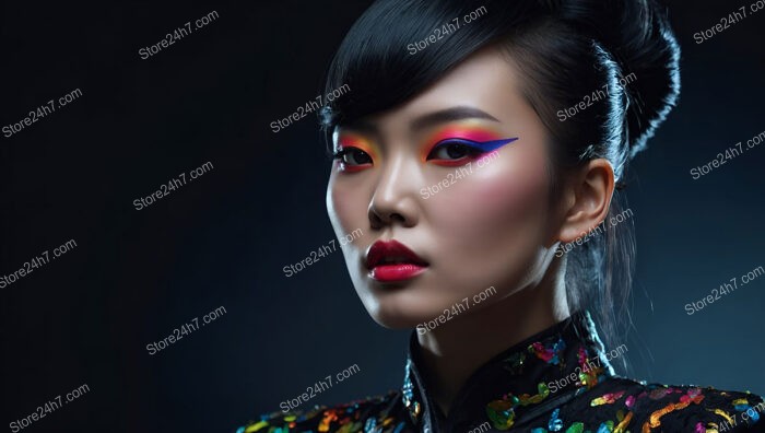 Elegant Fusion of Vibrant Makeup and Classic Asian Style