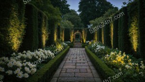 Elegant Garden Pathway with Illuminated Hedges and White Flowers