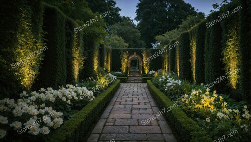 Elegant Garden Pathway with Illuminated Hedges and White Flowers