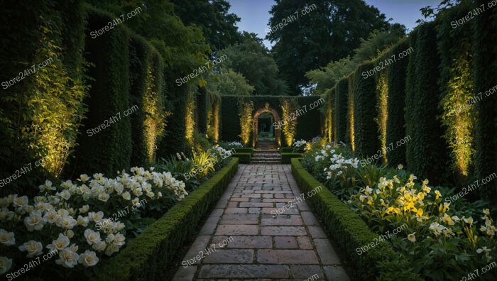 Elegant Garden Pathway with Illuminated Hedges and White Flowers