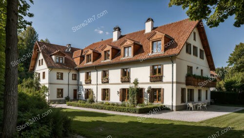 Elegant German Apartment Building with Red Roof and Wooden Accents