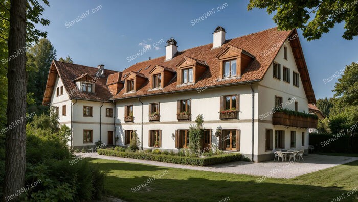 Elegant German Apartment Building with Red Roof and Wooden Accents