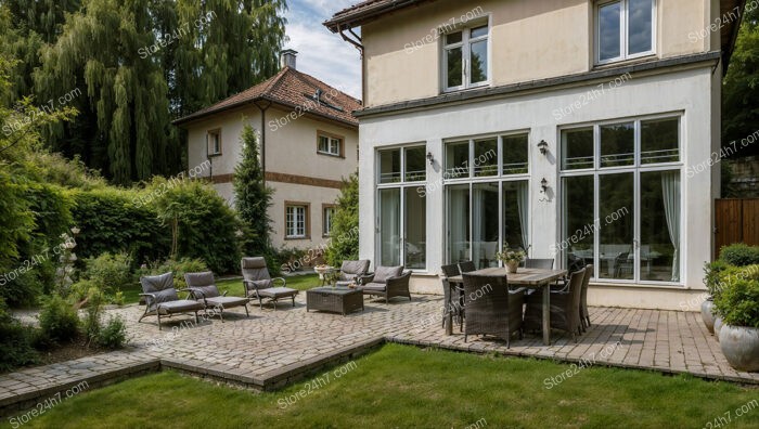 Elegant German home with expansive patio and lush surroundings