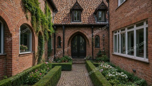 Elegant Gothic Brick House with Lush Greenery