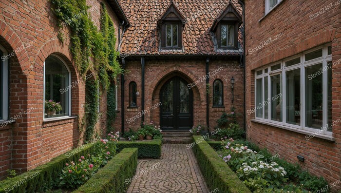 Elegant Gothic Brick House with Lush Greenery