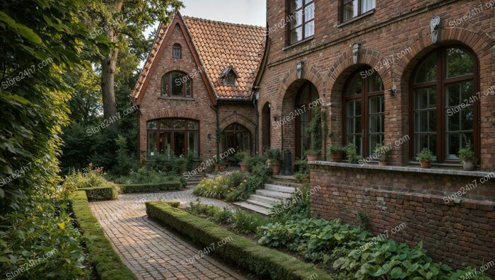 Elegant Gothic House with Lush Garden Pathway