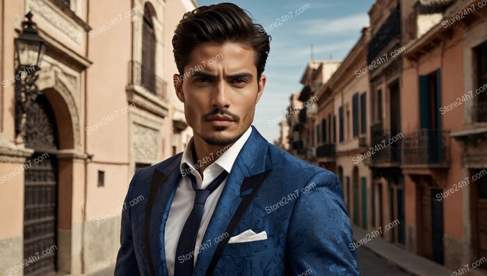 Elegant Man in Blue Suit in Historic Urban Setting