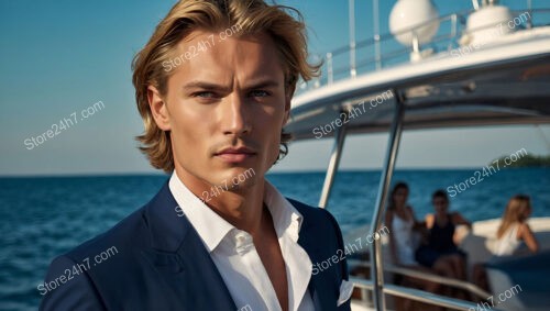 Elegant Man in Blue Suit on Yacht with Guests in Background