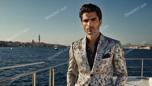 Elegant Man in Ornate Blazer on a Yacht at Sea