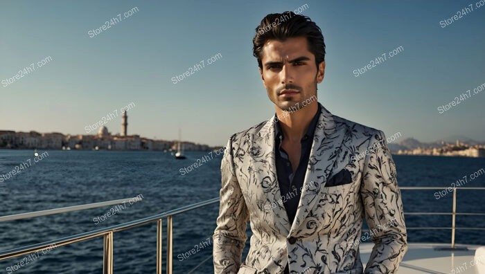 Elegant Man in Ornate Blazer on a Yacht at Sea