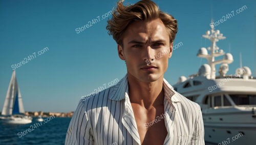 Elegant Man in Striped Shirt on Yacht by the Sea