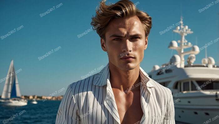 Elegant Man in Striped Shirt on Yacht by the Sea