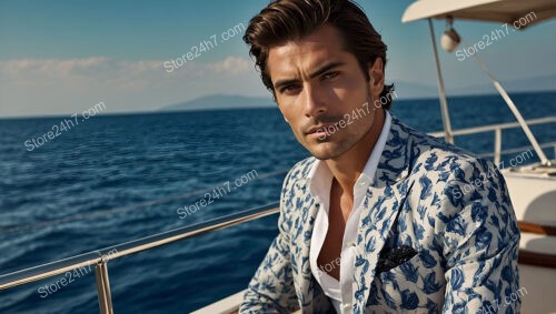 Elegant Man in White and Blue Floral Blazer at Sea